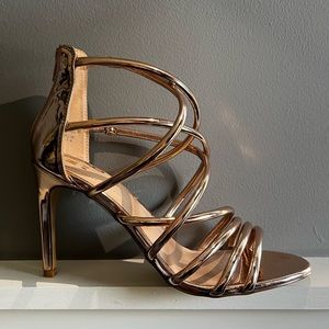 Rose Gold / Copper Heels Modern Metallic Strappy Stilettos Zip Back